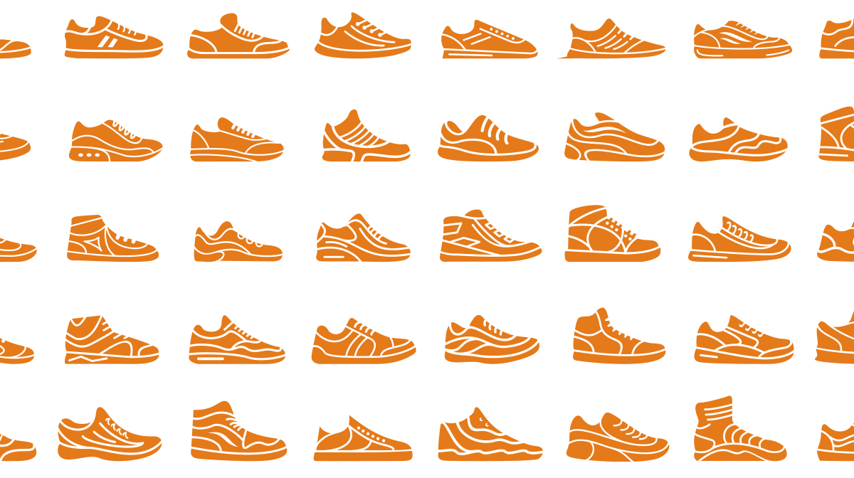 An illustrated grid of 60 orange shoes